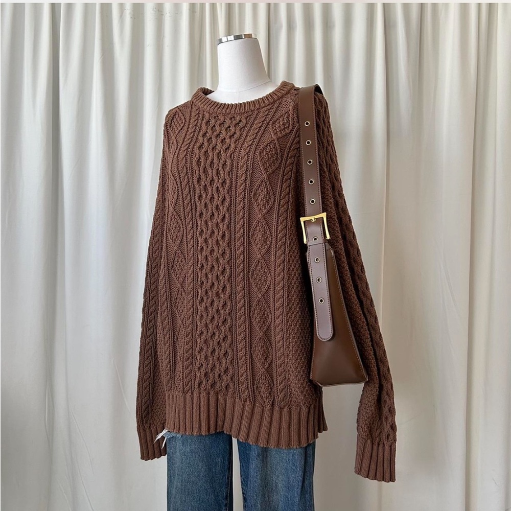 L.L. Bean Brown Cable Knit Fisherman Crewneck Sweater - Picture 2 of 7
